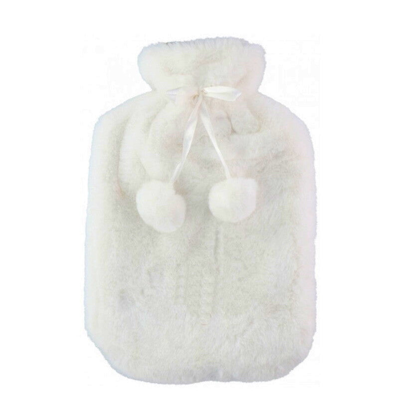Large 2L Rubber Hot Water Bottle with Warm Faux Fur Fluffy Plush Pom Pom Cover