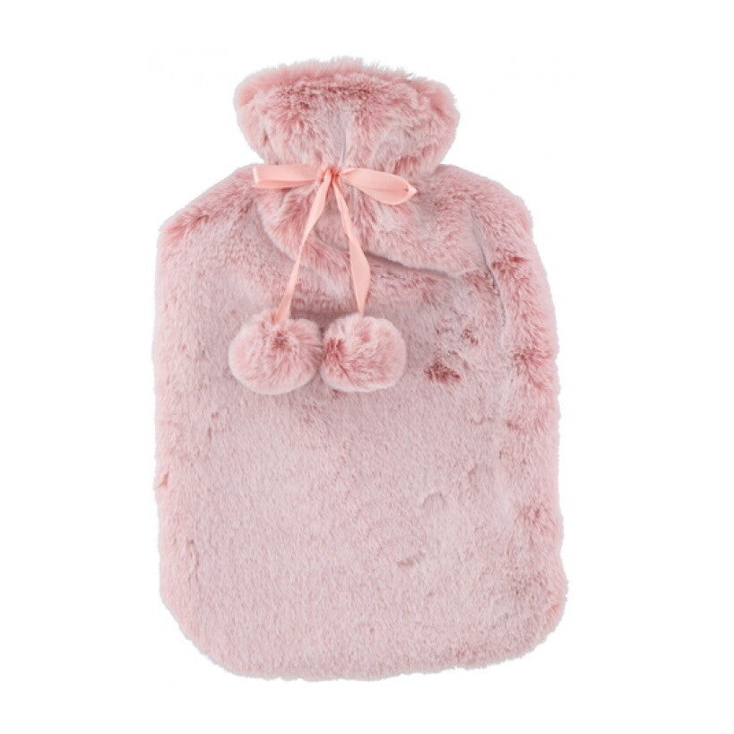 Large 2L Rubber Hot Water Bottle with Warm Faux Fur Fluffy Plush Pom Pom Cover