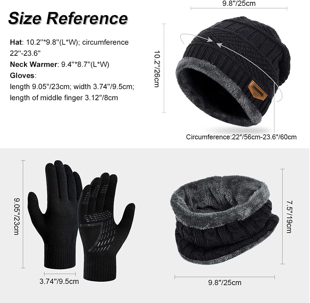 Winter Hat Scarf Gloves Set - Thermal Warm Knitted Beanie Cap Circle Neck Warmer Touchscreen Glove Outdoor Sports Super Soft Fleece Inner Lining Stretchy Elastic Gift for Men Women
