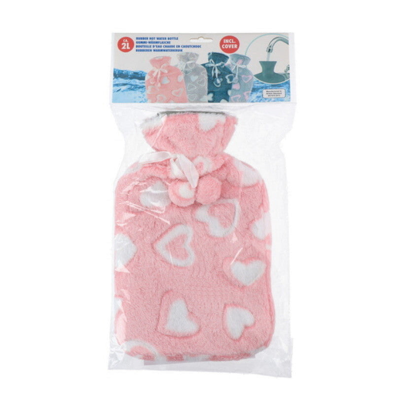 Large 2L Rubber Hot Water Bottle with Warm Faux Fur Fluffy Plush Pom Pom Cover