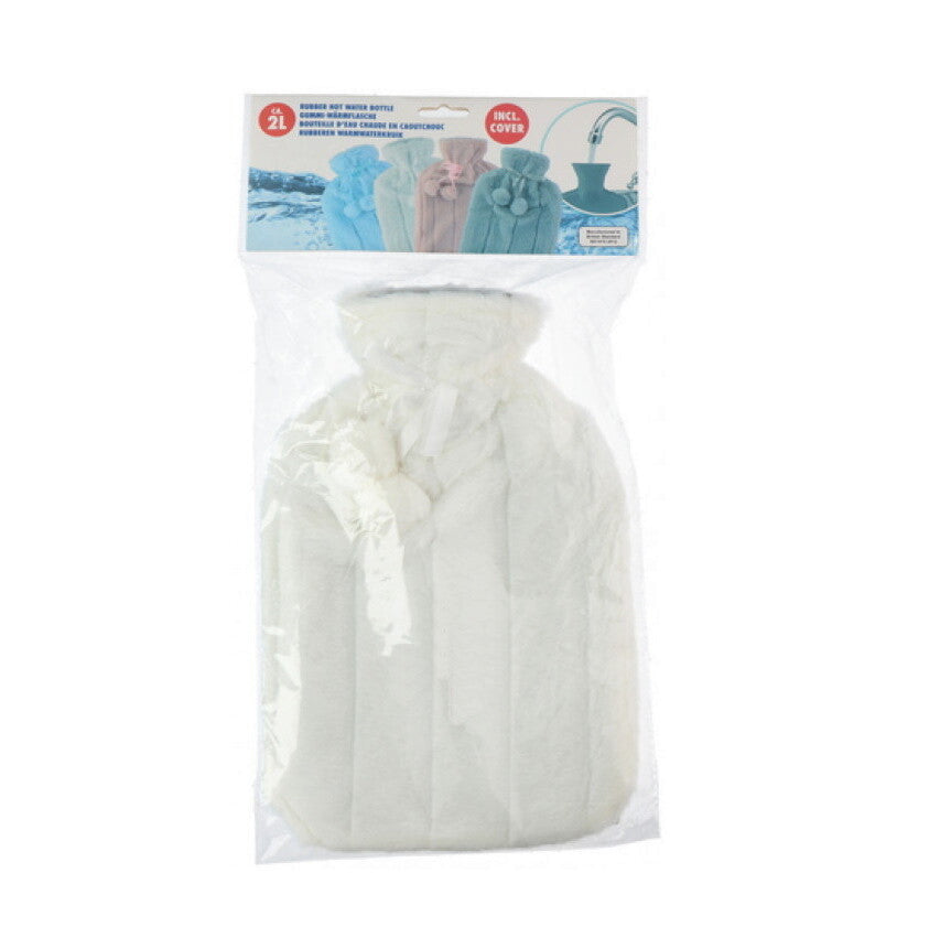 Large 2L Rubber Hot Water Bottle with Warm Faux Fur Fluffy Plush Pom Pom Cover