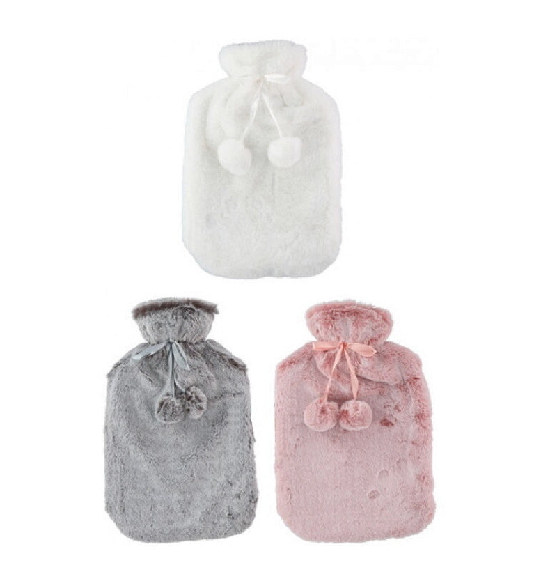 Large 2L Rubber Hot Water Bottle with Warm Faux Fur Fluffy Plush Pom Pom Cover