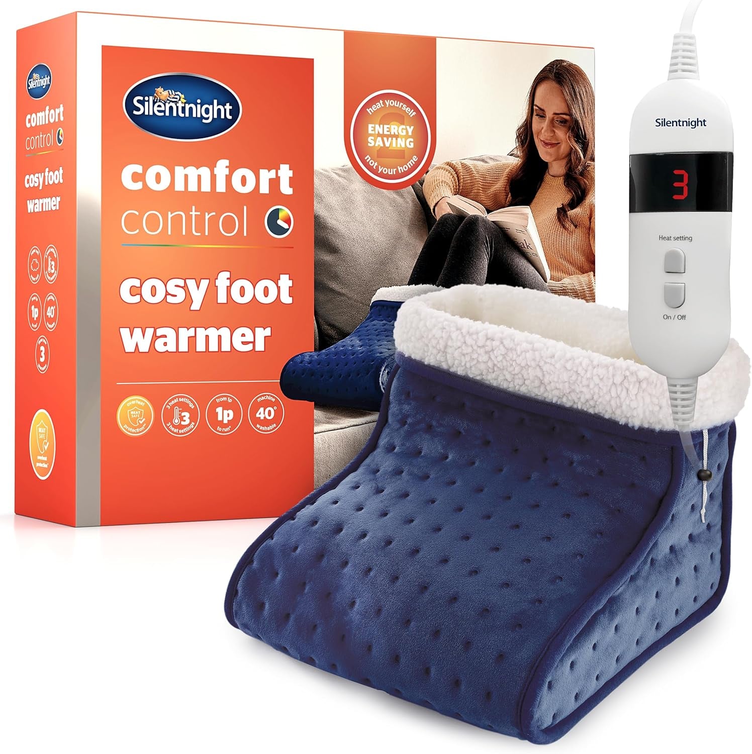 Electric Foot Warmer for Cold Feet - Heated Foot Warmer with 3 Heat Settings, Super Soft Teddy Fleece Machine Washable Lining, and Overheat Protection - Warm Cosy - Navy Blue
