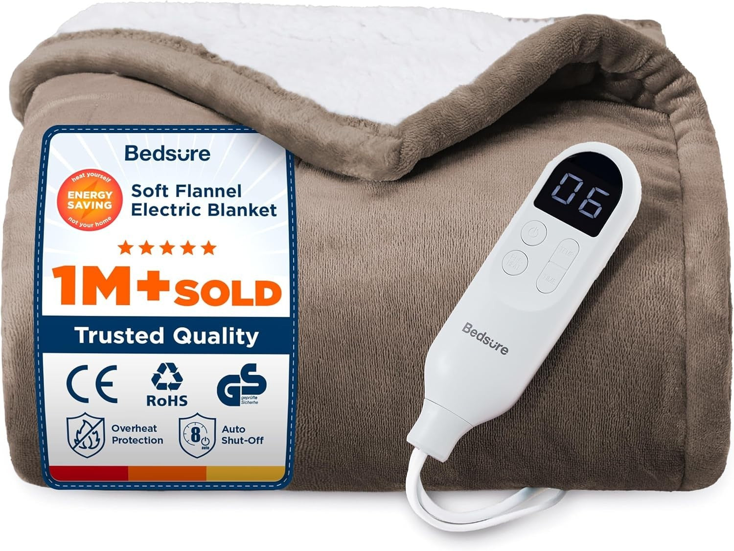 Bedsure Electric Throw Flannel Electric Blanket, Heating 10 Time, 6 Heat 130X160