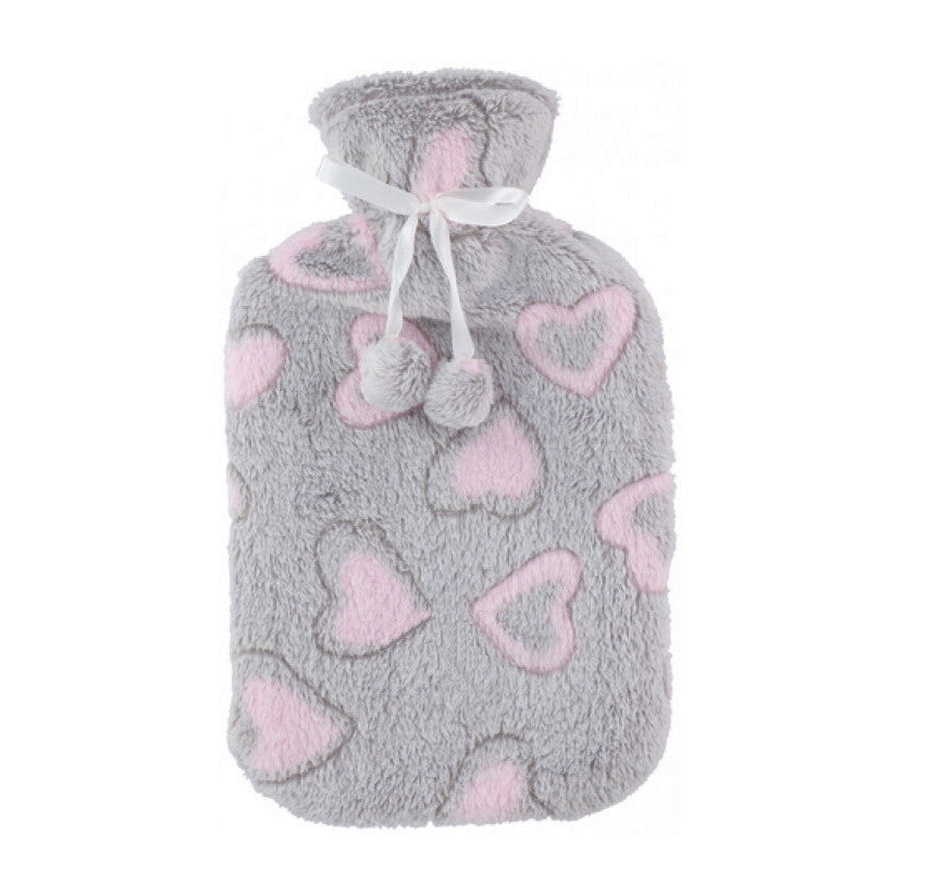 Large 2L Rubber Hot Water Bottle with Warm Faux Fur Fluffy Plush Pom Pom Cover