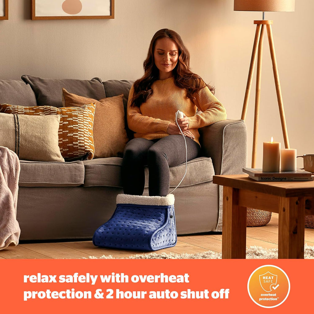 Electric Foot Warmer for Cold Feet - Heated Foot Warmer with 3 Heat Settings, Super Soft Teddy Fleece Machine Washable Lining, and Overheat Protection - Warm Cosy - Navy Blue