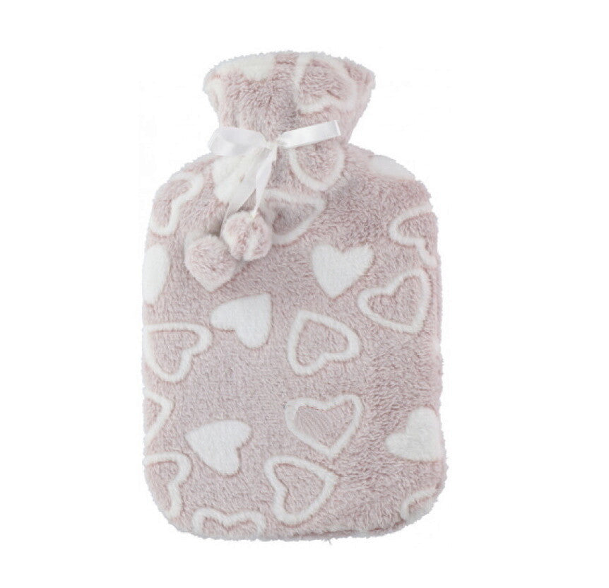 Large 2L Rubber Hot Water Bottle with Warm Faux Fur Fluffy Plush Pom Pom Cover