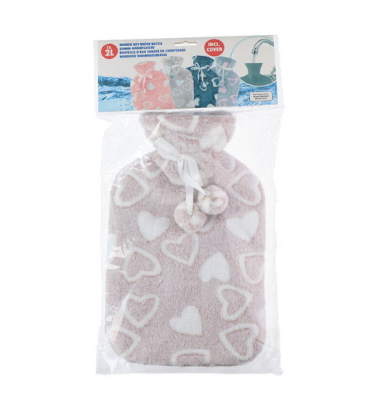 Large 2L Rubber Hot Water Bottle with Warm Faux Fur Fluffy Plush Pom Pom Cover
