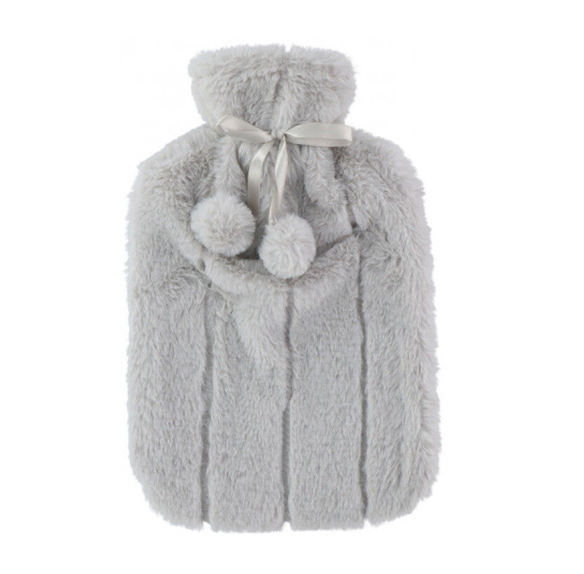 Large 2L Rubber Hot Water Bottle with Warm Faux Fur Fluffy Plush Pom Pom Cover