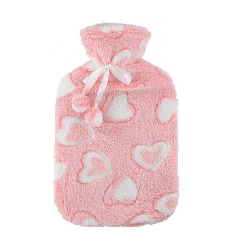 Large 2L Rubber Hot Water Bottle with Warm Faux Fur Fluffy Plush Pom Pom Cover