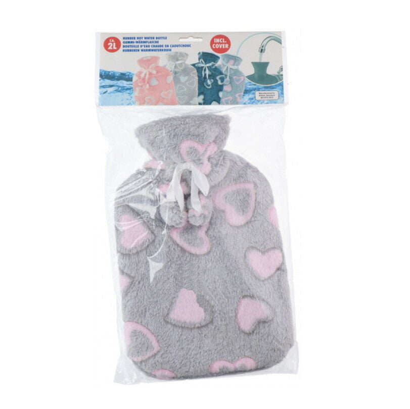 Large 2L Rubber Hot Water Bottle with Warm Faux Fur Fluffy Plush Pom Pom Cover
