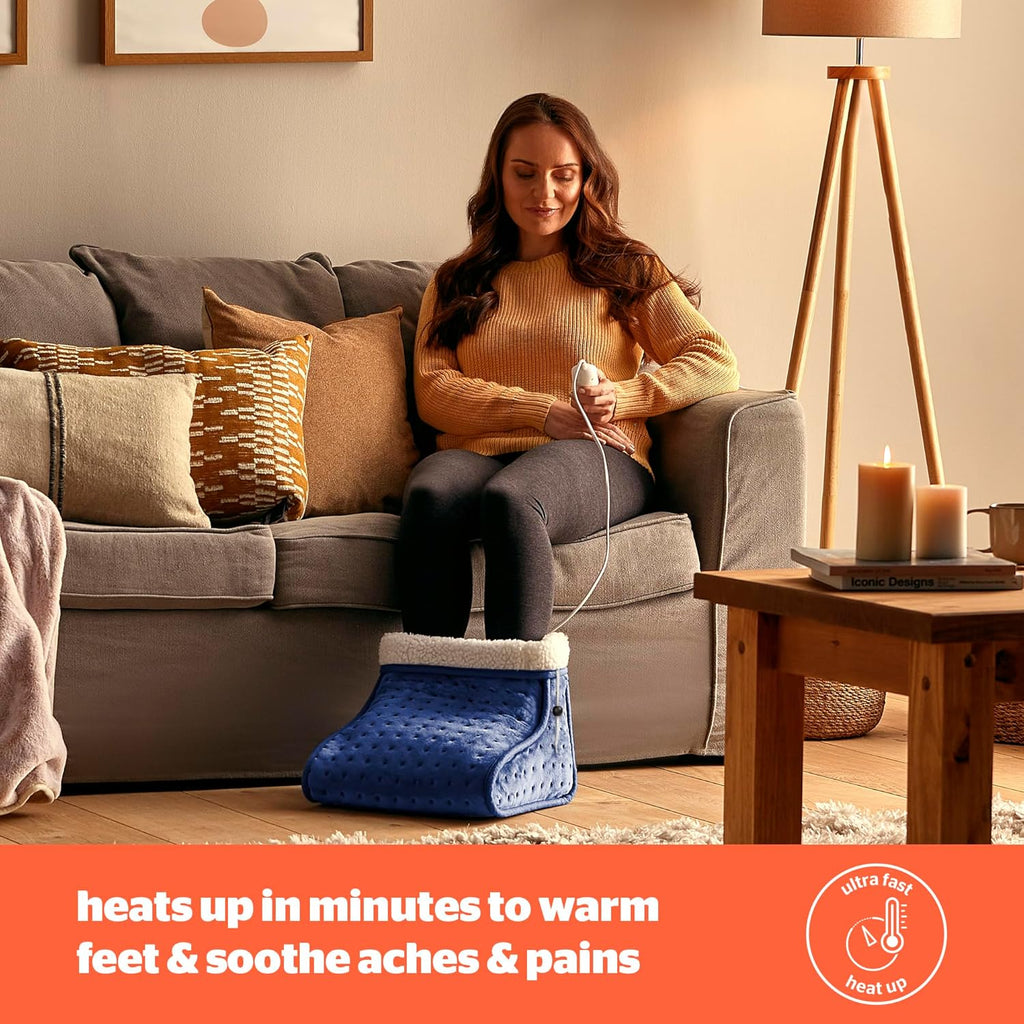 Electric Foot Warmer for Cold Feet - Heated Foot Warmer with 3 Heat Settings, Super Soft Teddy Fleece Machine Washable Lining, and Overheat Protection - Warm Cosy - Navy Blue