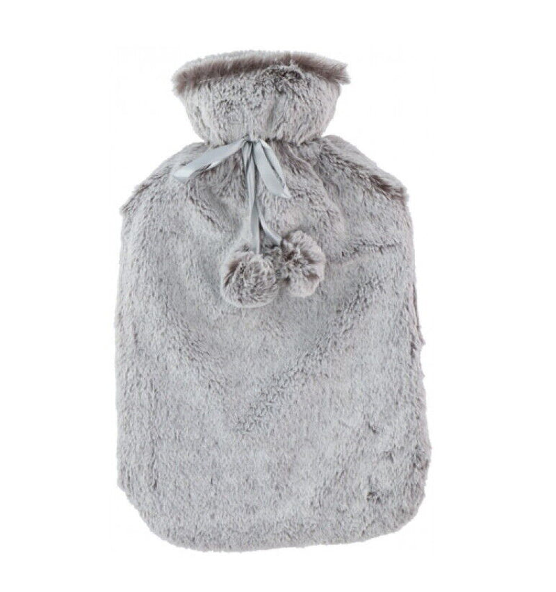 Large 2L Rubber Hot Water Bottle with Warm Faux Fur Fluffy Plush Pom Pom Cover