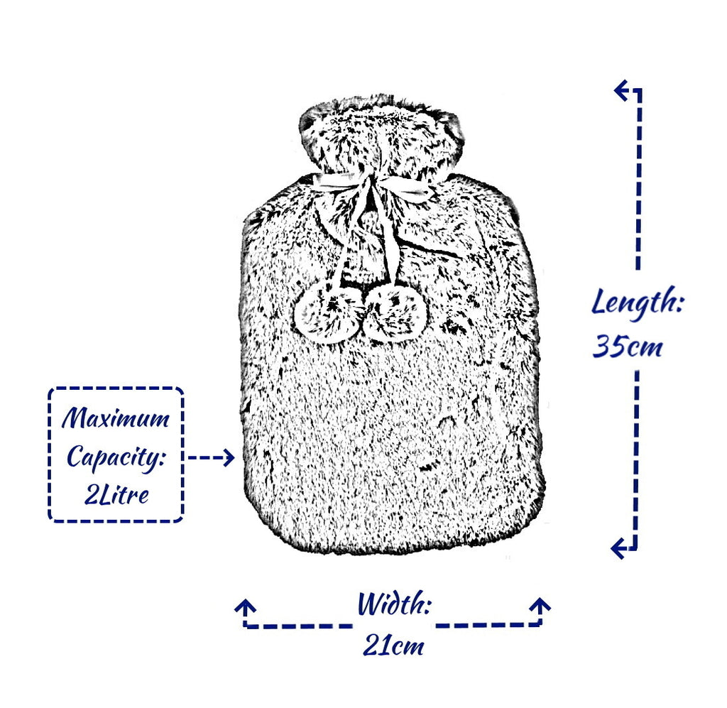 Large 2L Rubber Hot Water Bottle with Warm Faux Fur Fluffy Plush Pom Pom Cover