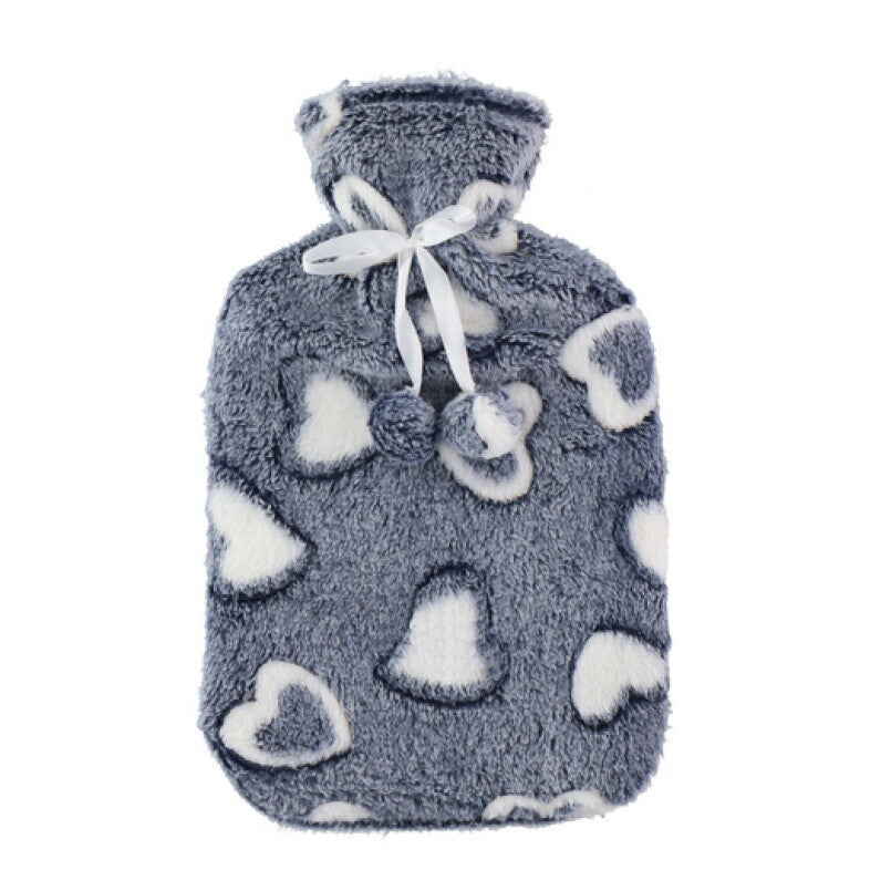 Large 2L Rubber Hot Water Bottle with Warm Faux Fur Fluffy Plush Pom Pom Cover
