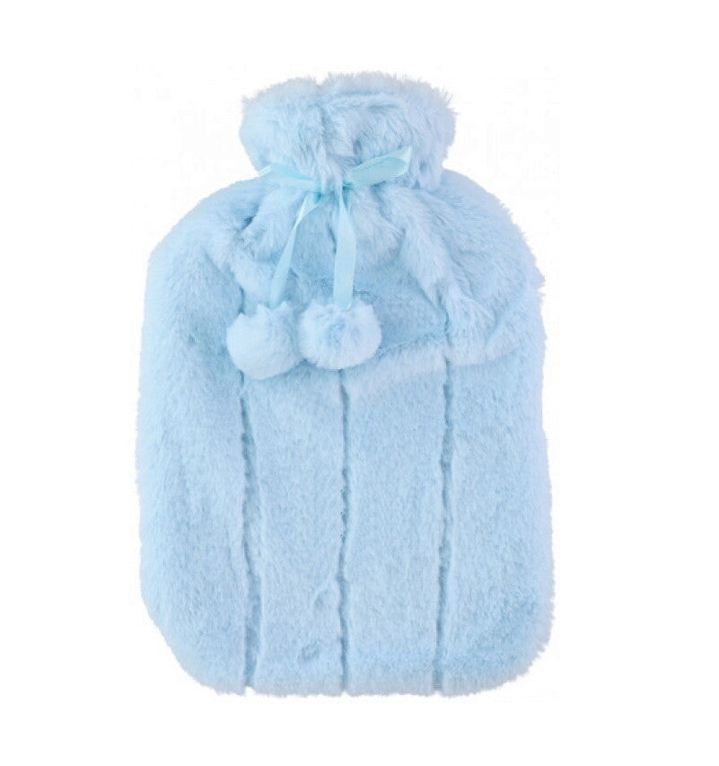 Large 2L Rubber Hot Water Bottle with Warm Faux Fur Fluffy Plush Pom Pom Cover