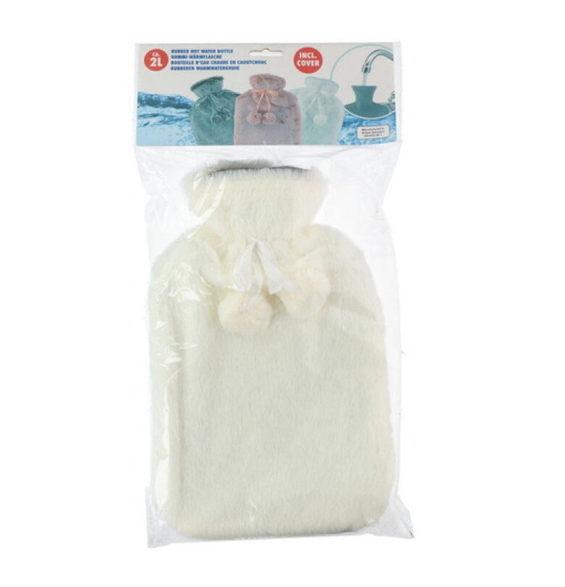 Large 2L Rubber Hot Water Bottle with Warm Faux Fur Fluffy Plush Pom Pom Cover