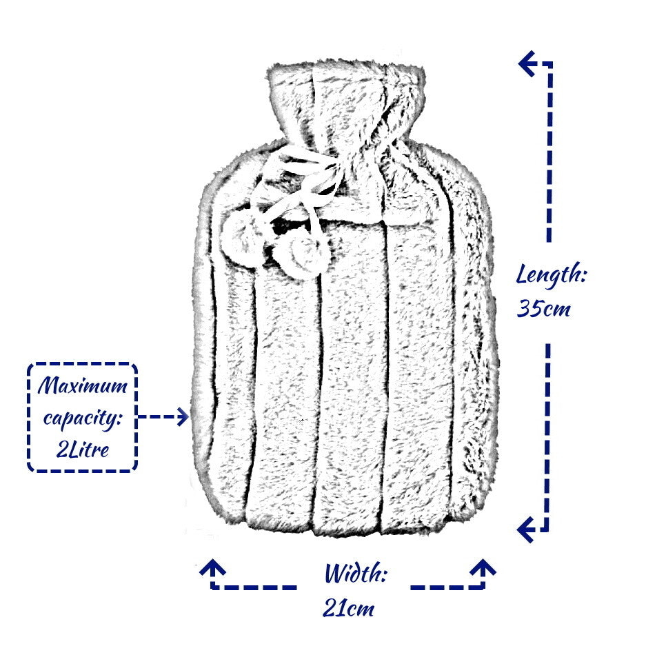 Large 2L Rubber Hot Water Bottle with Warm Faux Fur Fluffy Plush Pom Pom Cover