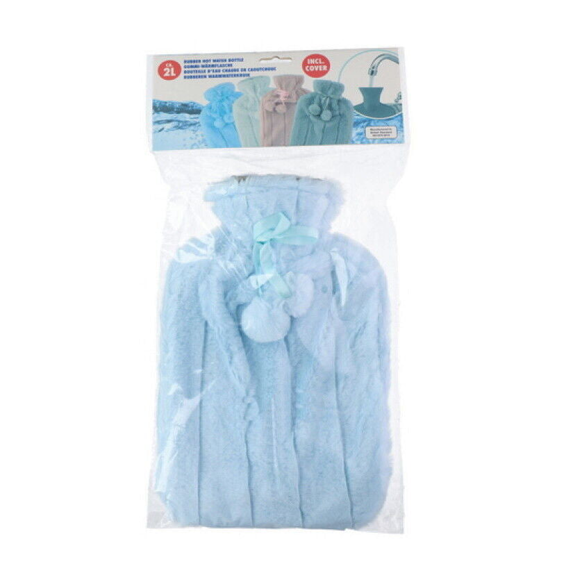 Large 2L Rubber Hot Water Bottle with Warm Faux Fur Fluffy Plush Pom Pom Cover