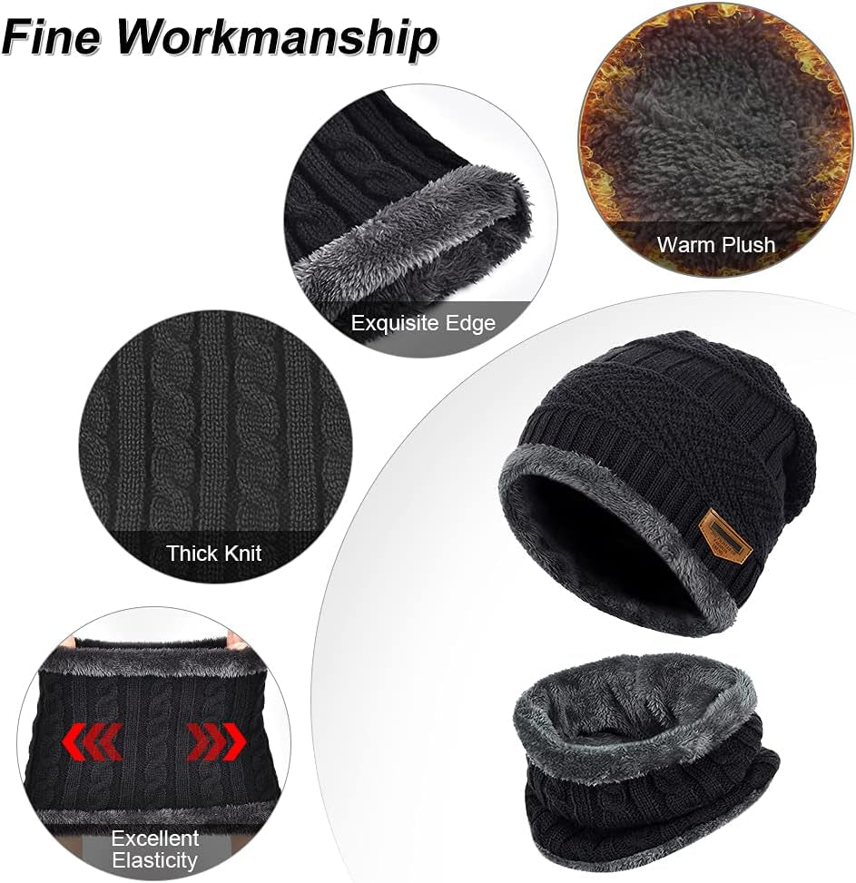 Winter Hat Scarf Gloves Set - Thermal Warm Knitted Beanie Cap Circle Neck Warmer Touchscreen Glove Outdoor Sports Super Soft Fleece Inner Lining Stretchy Elastic Gift for Men Women