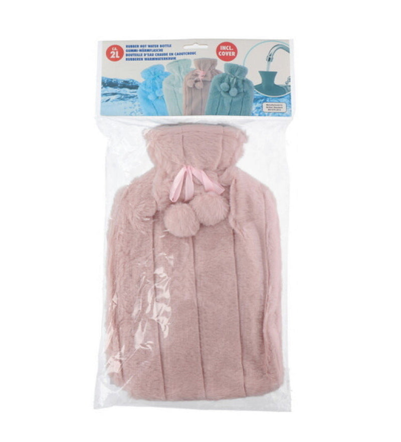 Large 2L Rubber Hot Water Bottle with Warm Faux Fur Fluffy Plush Pom Pom Cover