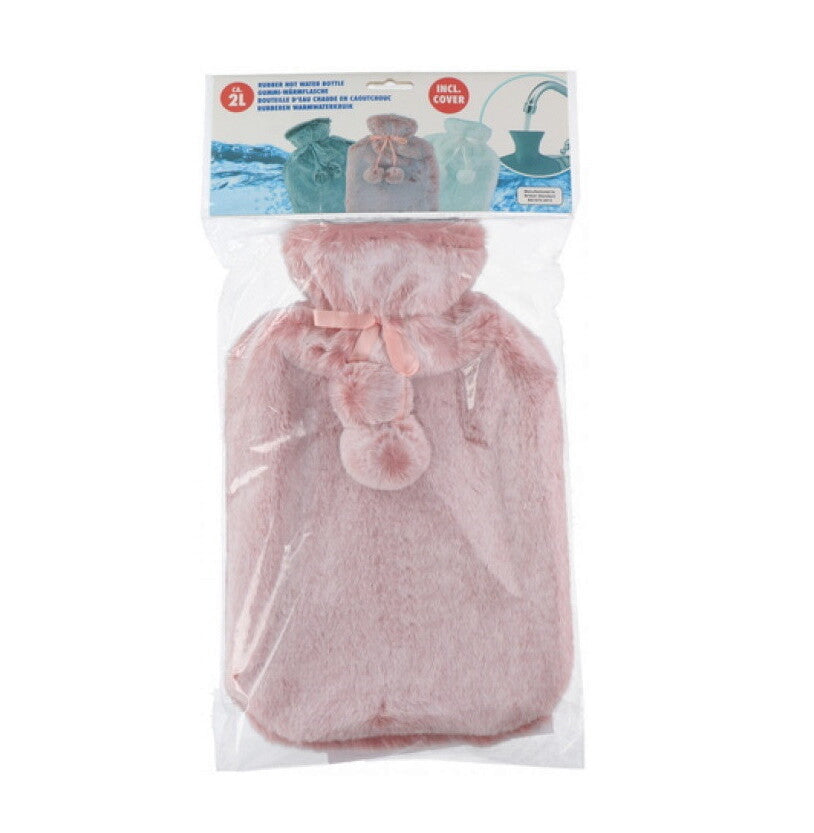 Large 2L Rubber Hot Water Bottle with Warm Faux Fur Fluffy Plush Pom Pom Cover
