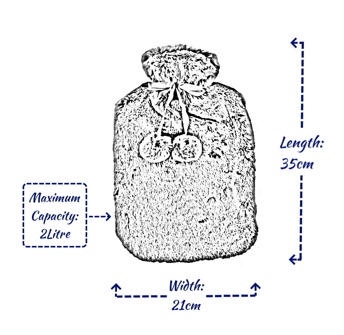 Large 2L Rubber Hot Water Bottle with Warm Faux Fur Fluffy Plush Pom Pom Cover