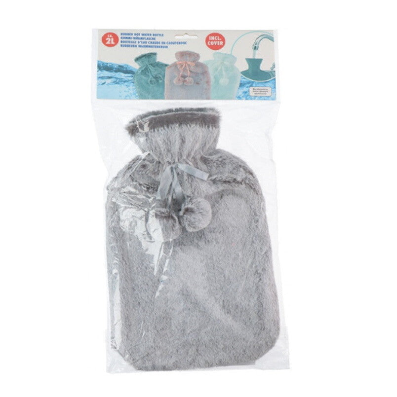 Large 2L Rubber Hot Water Bottle with Warm Faux Fur Fluffy Plush Pom Pom Cover