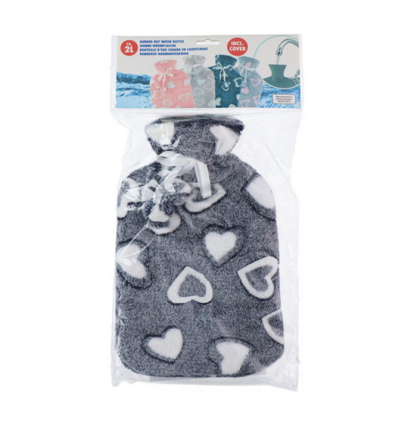 Large 2L Rubber Hot Water Bottle with Warm Faux Fur Fluffy Plush Pom Pom Cover