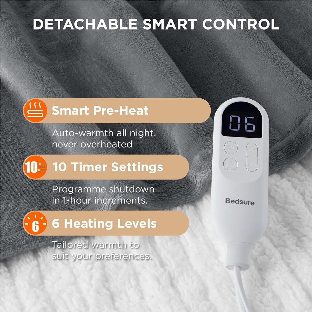 Bedsure Electric Throw Flannel Electric Blanket, Heating 10 Time, 6 Heat 130X160
