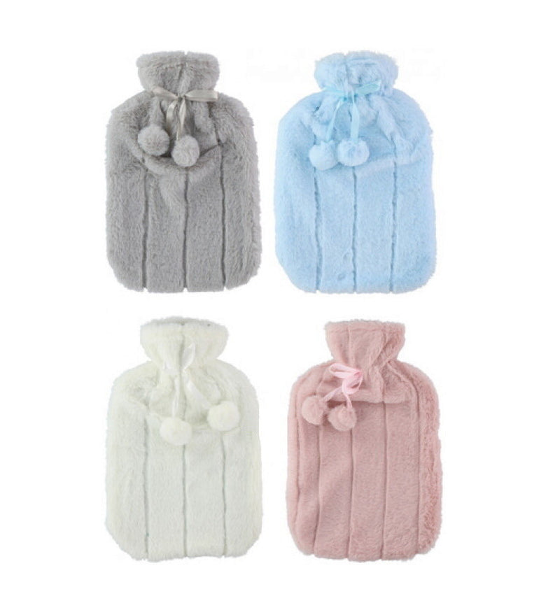 Large 2L Rubber Hot Water Bottle with Warm Faux Fur Fluffy Plush Pom Pom Cover