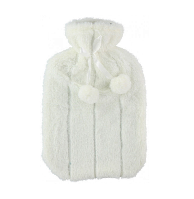 Large 2L Rubber Hot Water Bottle with Warm Faux Fur Fluffy Plush Pom Pom Cover