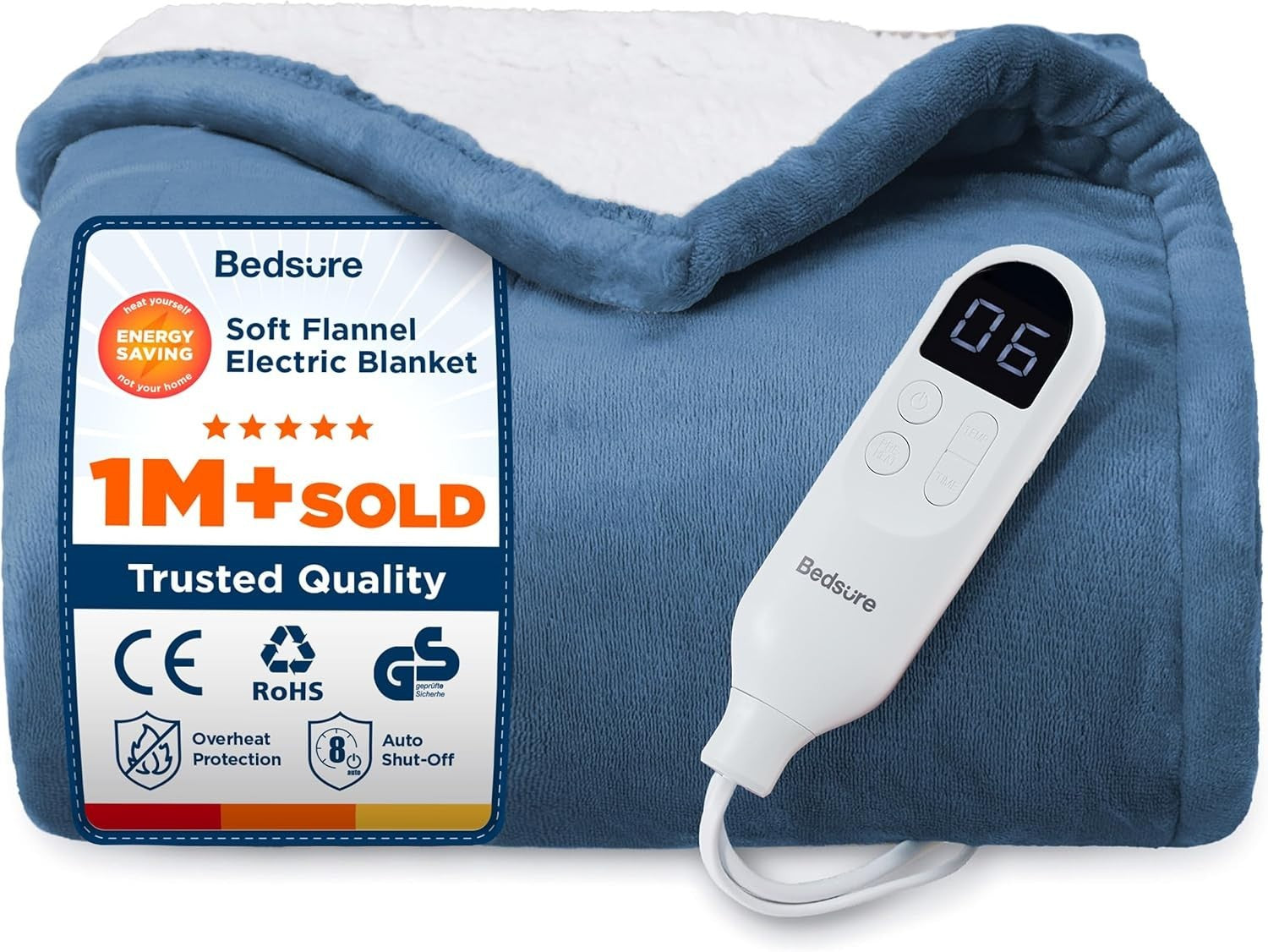Bedsure Electric Throw Flannel Electric Blanket, Heating 10 Time, 6 Heat 130X160