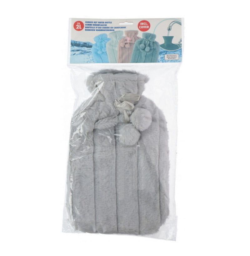 Large 2L Rubber Hot Water Bottle with Warm Faux Fur Fluffy Plush Pom Pom Cover