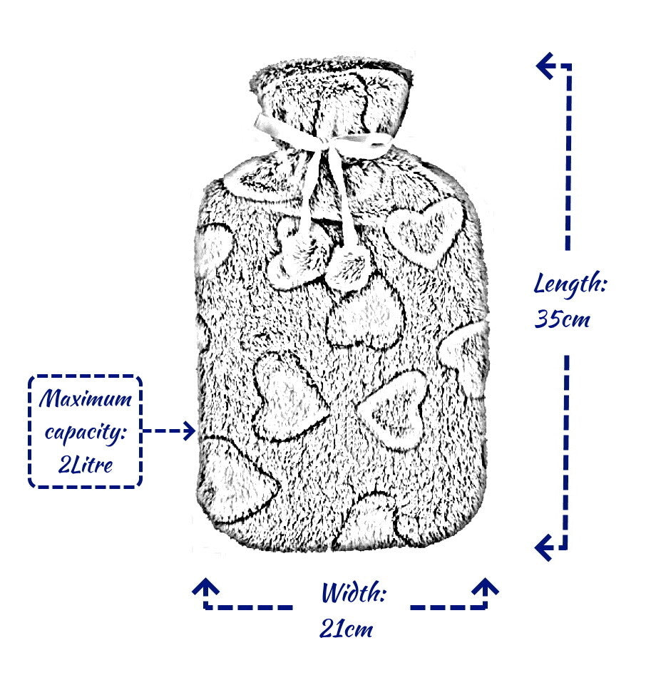 Large 2L Rubber Hot Water Bottle with Warm Faux Fur Fluffy Plush Pom Pom Cover