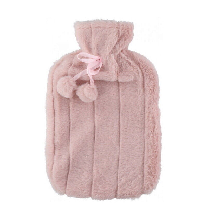 Large 2L Rubber Hot Water Bottle with Warm Faux Fur Fluffy Plush Pom Pom Cover