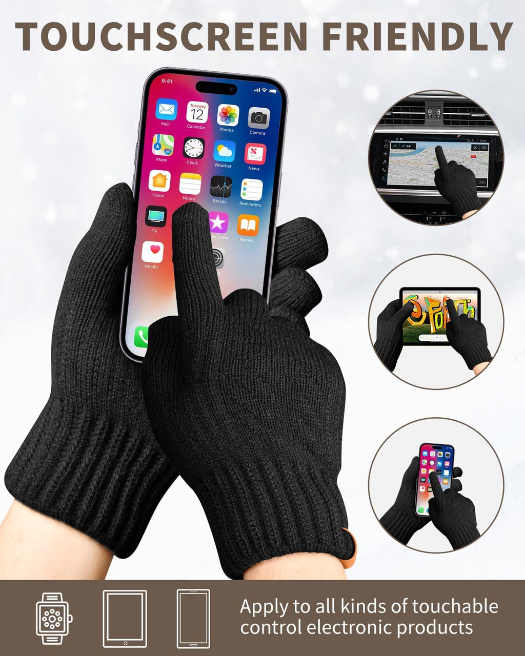 Winter Thermal Gloves - Fleece Lining Touch Screen Knit Stretchy Warm Gloves for Running Skiing Cycling Riding Hiking Camping - Men Women